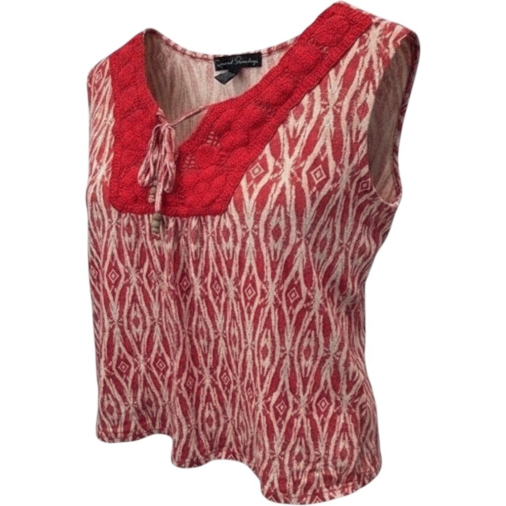 French Laundry Red Cream Sleeveless Top Crochet Trim Boho Blouse Size L